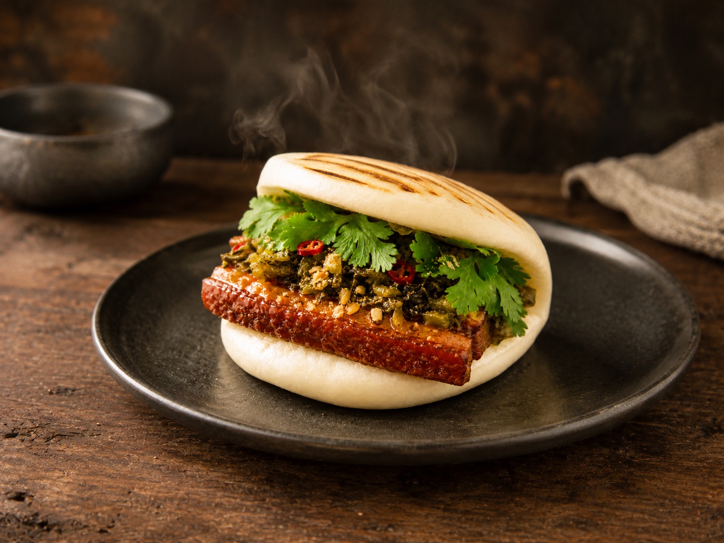 割包（グアバオ）。蒸しパンに豚角煮と高菜漬け、パクチー、ピーナッツ粉を挟み、湯気が立っている